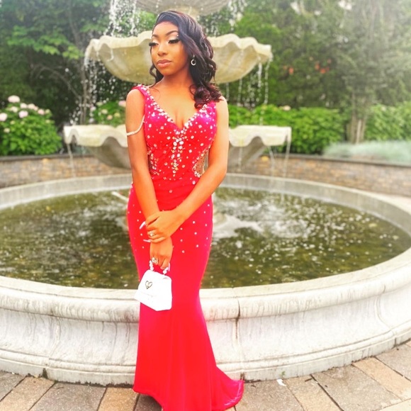 This beautiful red gown with silver rhinestones😍 mesh on the side - Picture 1 of 3